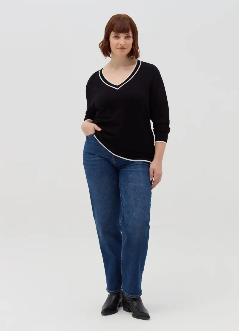 Pullover Con Profili A Contrasto Curvy, Donna, Nero