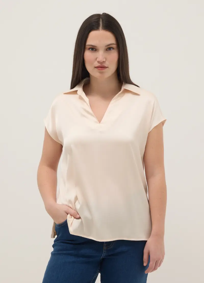 T-shirt A Maniche Corte Beige Regular Fit Con Collo Polo, Donna, Beige