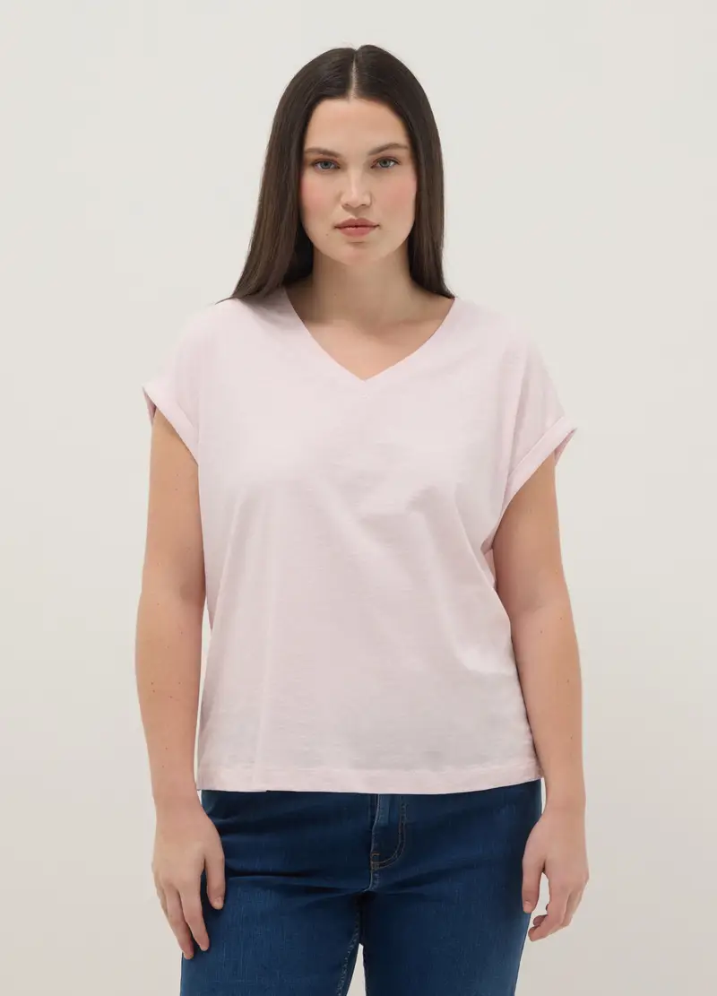 T-shirt A Maniche Corte In Puro Cotone Rosa Regular Fit Con Collo A V, Donna, Rosa