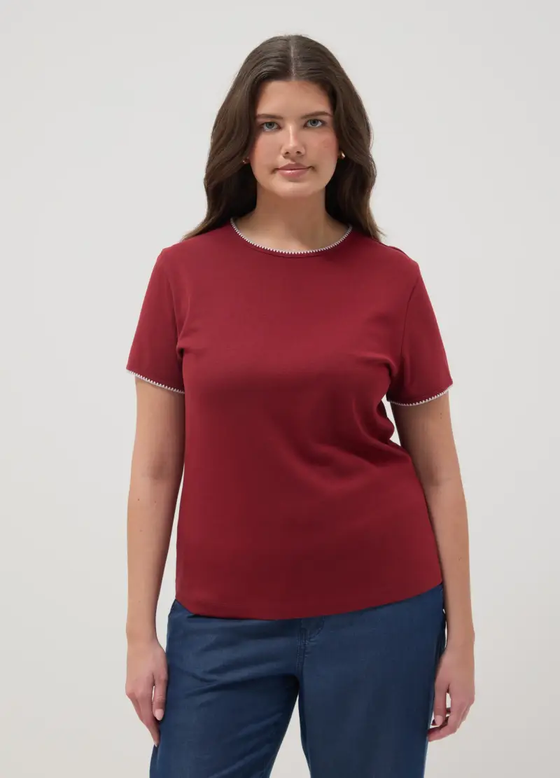 T-shirt A Maniche Corte In Puro Cotone Rossa Regular Fit, Donna, Rosso miniatura 3