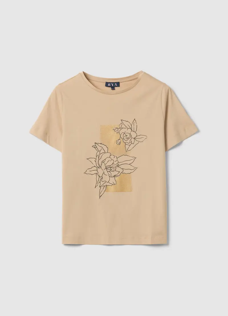 T-shirt Beige A Maniche Corte In Puro Cotone Con Stampa Regular Fit, Donna, Beige
