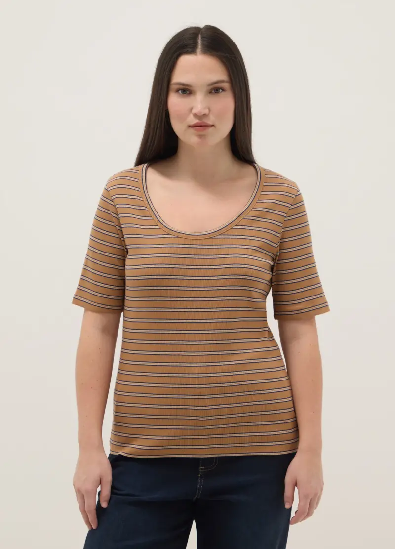 T-shirt In Cotone Elasticizzato A Righe Multicolor Regular Fit, Donna, Multicolor