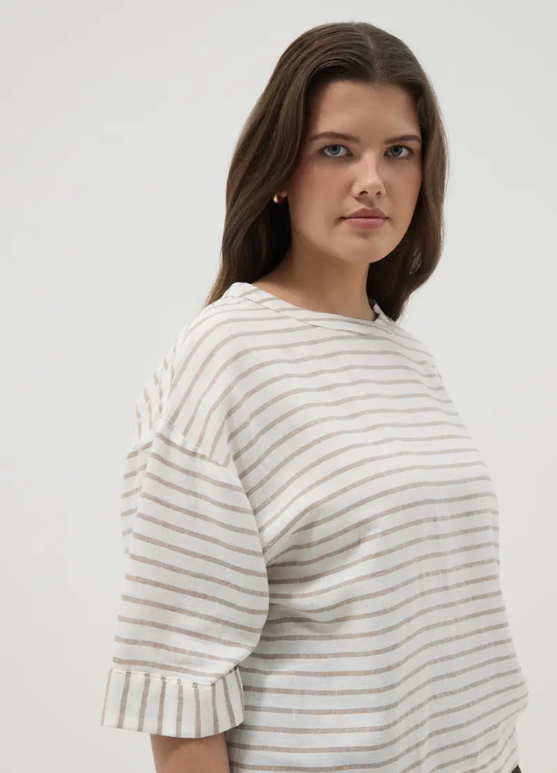 T-shirt In Misto Lino A Righe Multicolor Regular Fit, Donna, Multicolor miniatura 3