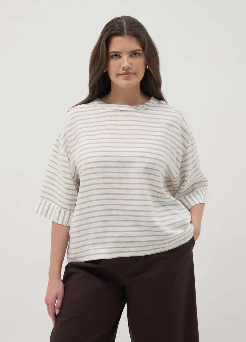 T-shirt In Misto Lino A Righe Multicolor Regular Fit, Donna, Multicolor