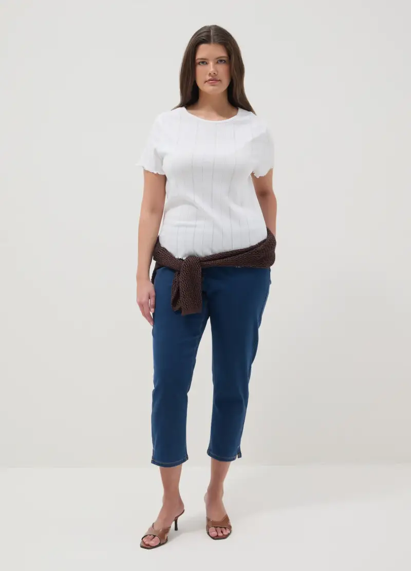 T-shirt In Puro Cotone Bianca A Righe Regular Fit, Donna, Bianco miniatura 2