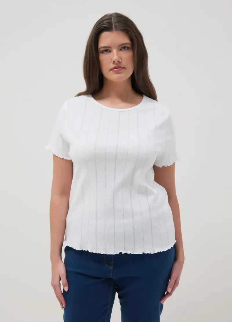 T-shirt In Puro Cotone Bianca A Righe Regular Fit, Donna, Bianco miniatura 3