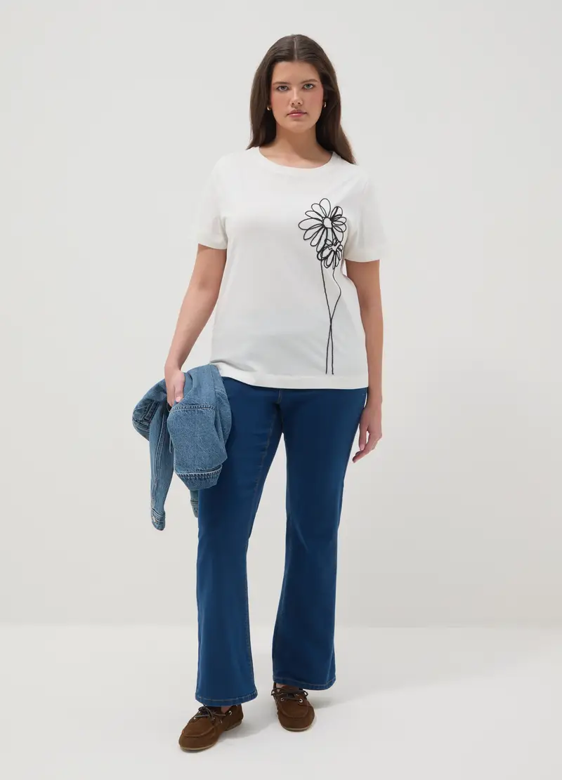 T-shirt In Puro Cotone Bianca Regular Fit Con Ricamo Floreale, Donna, Bianco miniatura 2