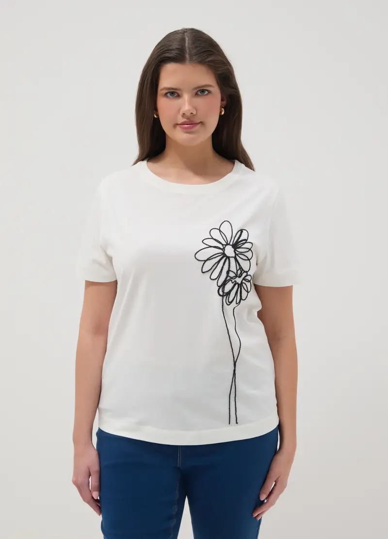 T-shirt In Puro Cotone Bianca Regular Fit Con Ricamo Floreale, Donna, Bianco miniatura 3