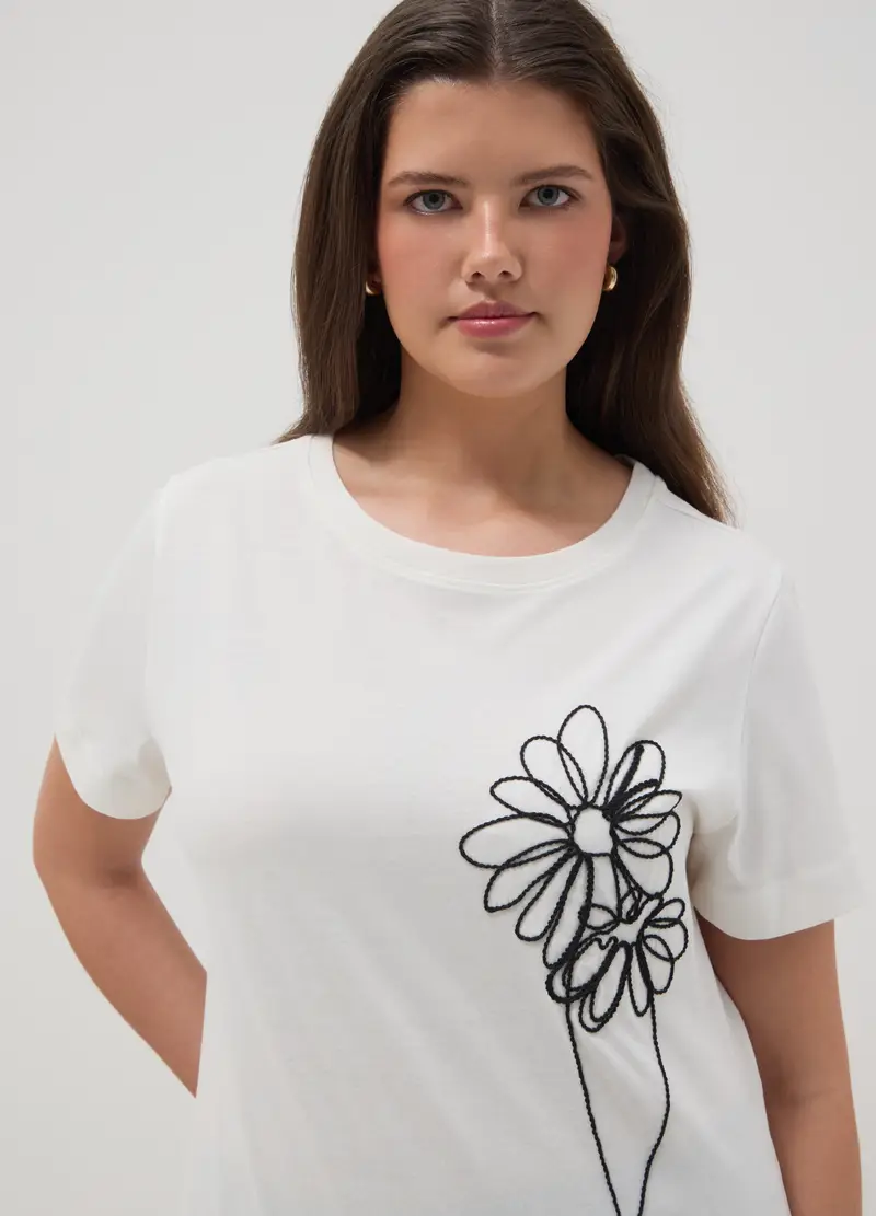 T-shirt In Puro Cotone Bianca Regular Fit Con Ricamo Floreale, Donna, Bianco