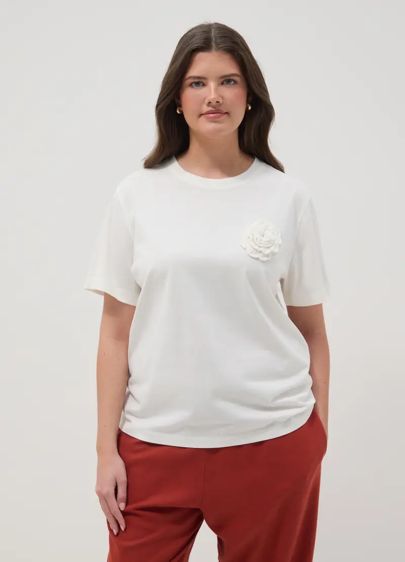 T-shirt In Puro Cotone Bianco Regular Fit Con Fiore Applicato, Donna, Bianco miniatura 3