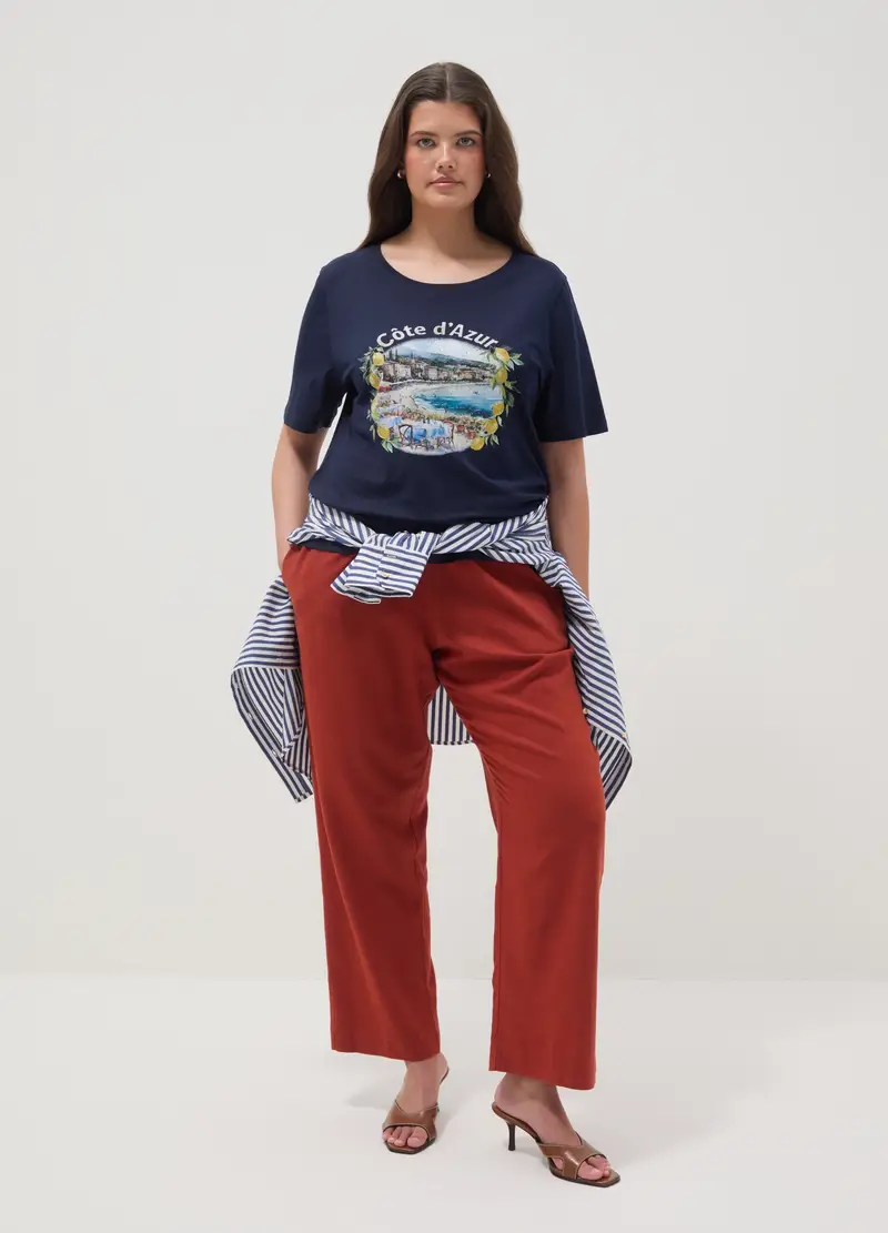 T-shirt In Puro Cotone Blu Regular Fit Con Stampa, Donna, Blu miniatura 2