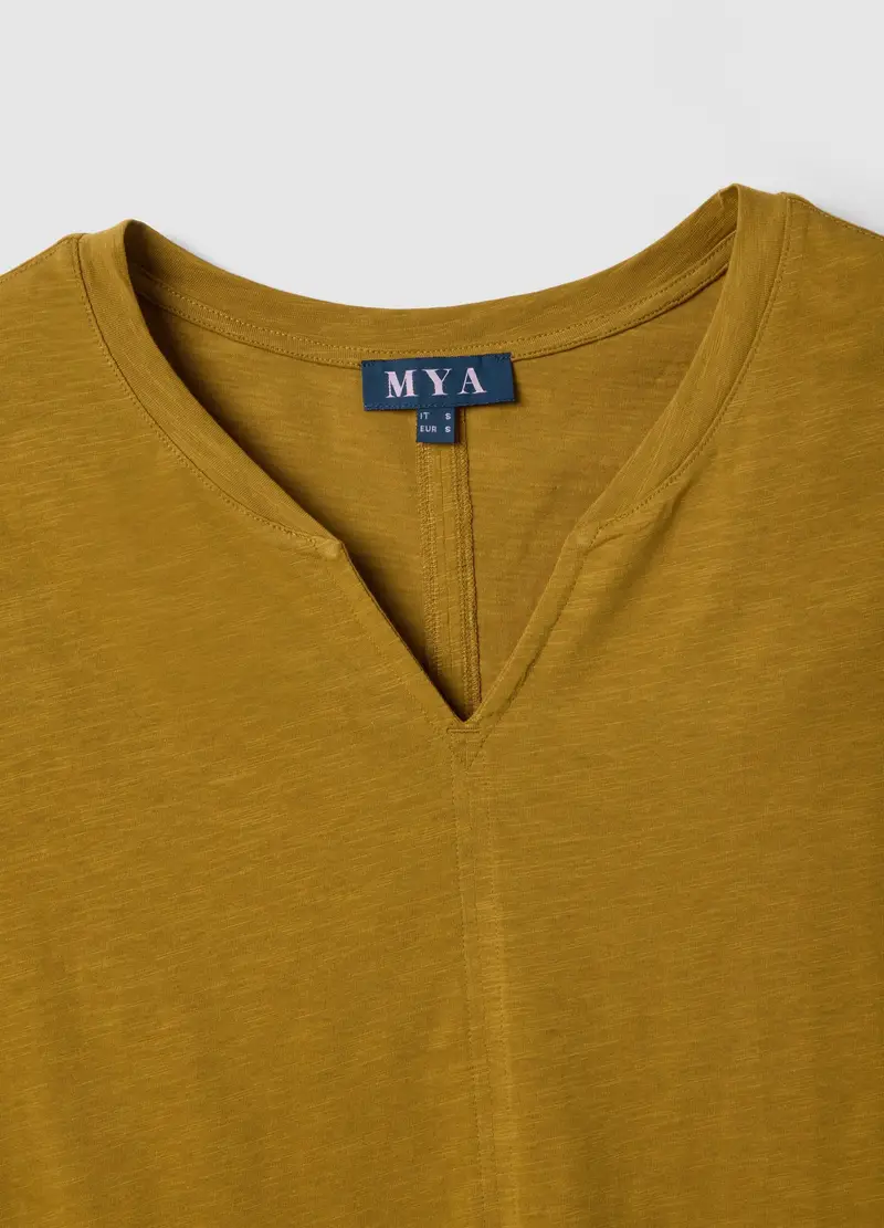 T-shirt In Puro Cotone Gialla Regular Fit Con Collo A V, Donna, Giallo miniatura 2