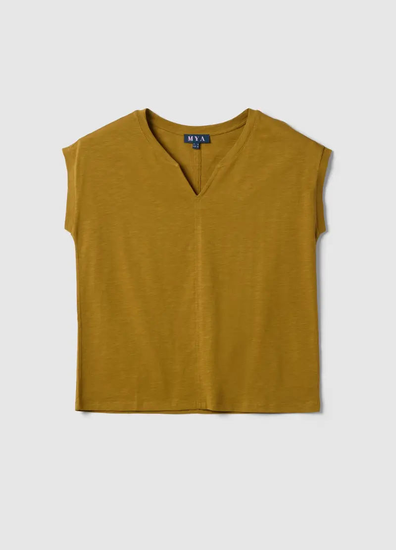 T-shirt In Puro Cotone Gialla Regular Fit Con Collo A V, Donna, Giallo