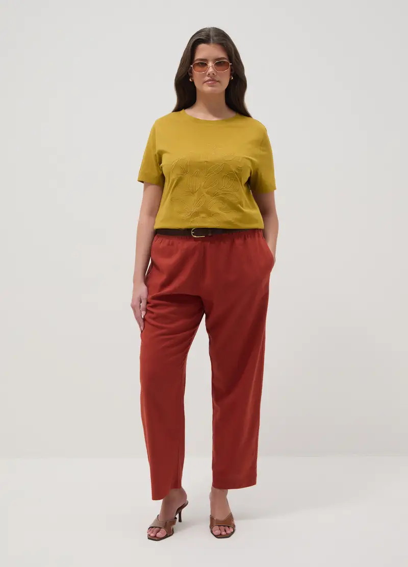 T-shirt In Puro Cotone Gialla Regular Fit Con Ricamo Floreale, Donna, Giallo miniatura 2