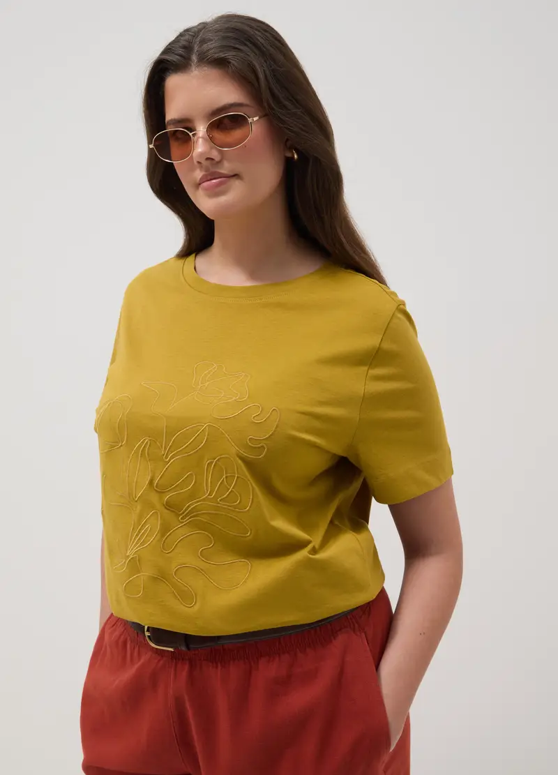 T-shirt In Puro Cotone Gialla Regular Fit Con Ricamo Floreale, Donna, Giallo