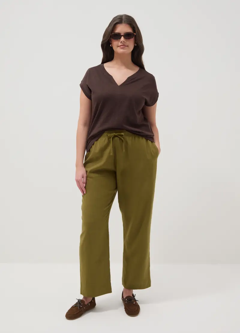 T-shirt In Puro Cotone Marrone Regular Fit Con Collo A V, Donna, Marrone miniatura 2