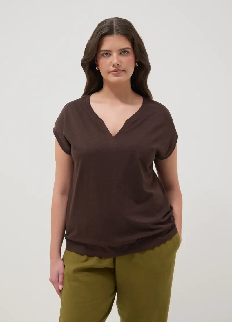 T-shirt In Puro Cotone Marrone Regular Fit Con Collo A V, Donna, Marrone miniatura 3