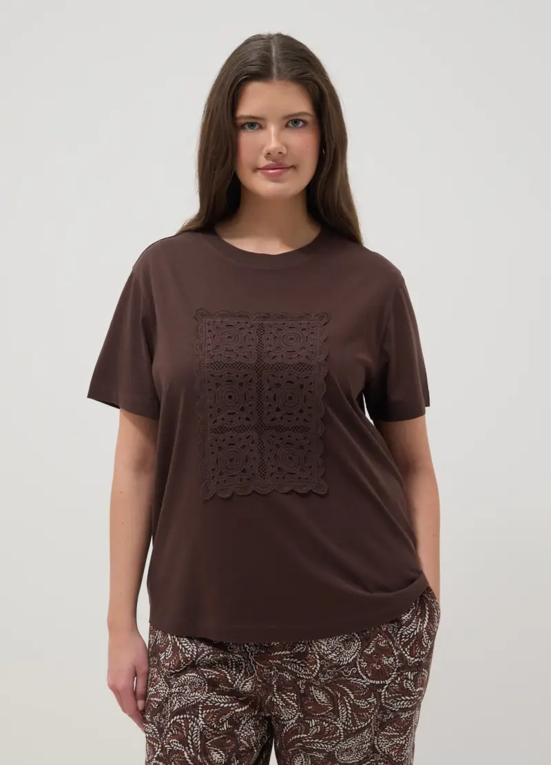 T-shirt In Puro Cotone Marrone Regular Fit Con Fiore Applicato, Donna, Marrone miniatura 2