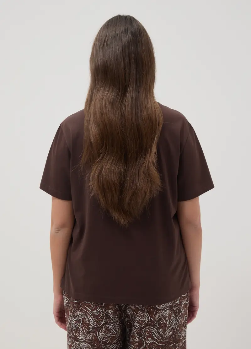 T-shirt In Puro Cotone Marrone Regular Fit Con Fiore Applicato, Donna, Marrone miniatura 3