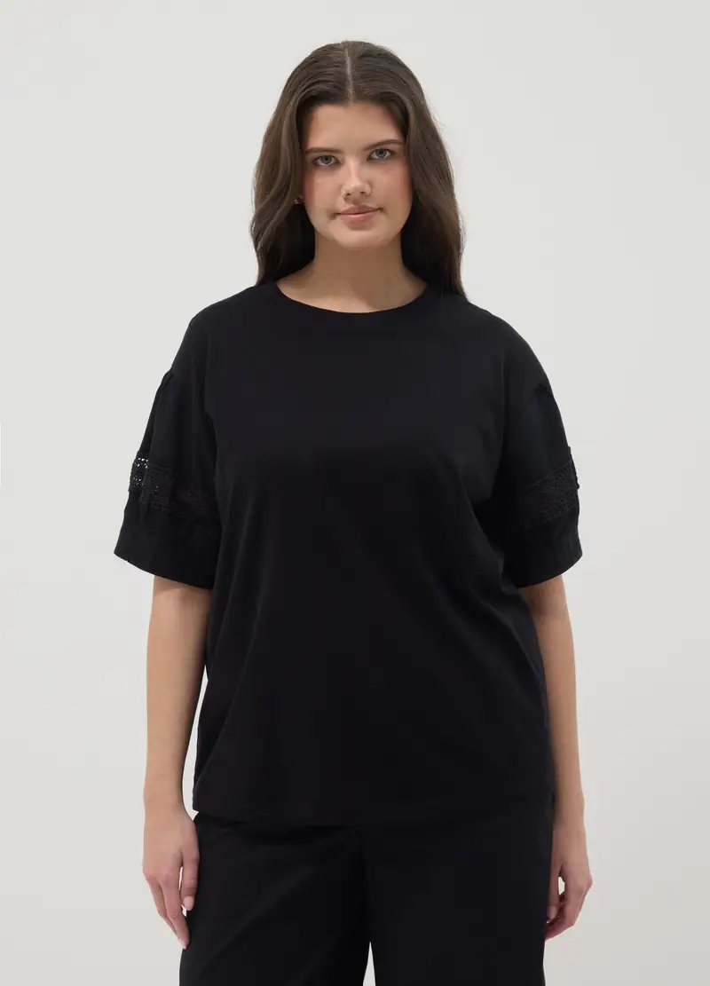 T-shirt In Puro Cotone Nero Regular Fit, Donna, Nero miniatura 3