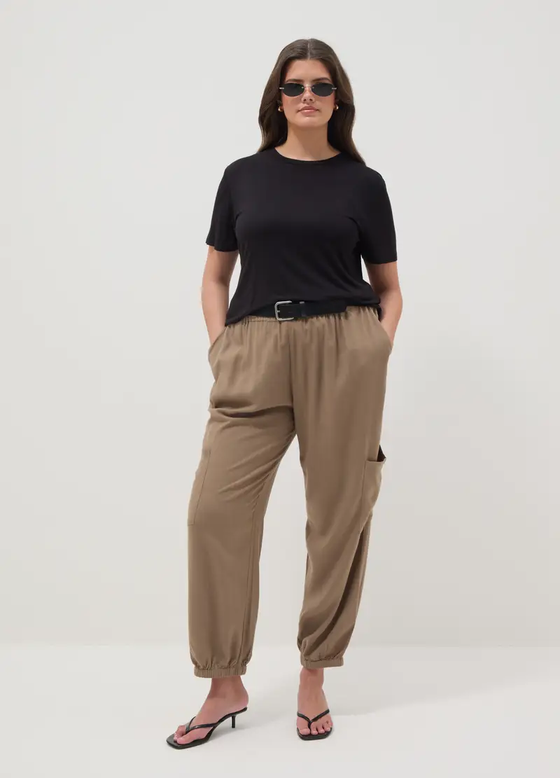 T-shirt In Viscosa Elasticizzata Nera Regular Fit Con Chiusura A Corda, Donna, Nero miniatura 2