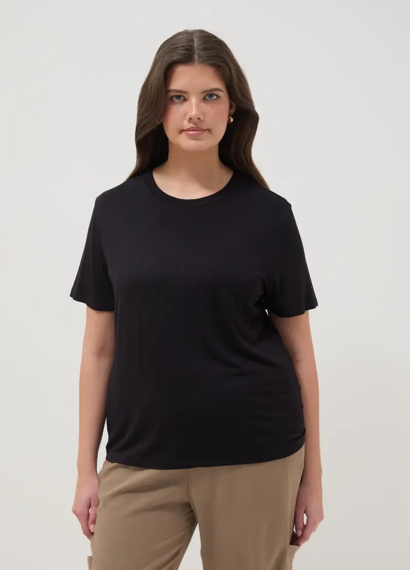 T-shirt In Viscosa Elasticizzata Nera Regular Fit Con Chiusura A Corda, Donna, Nero miniatura 3