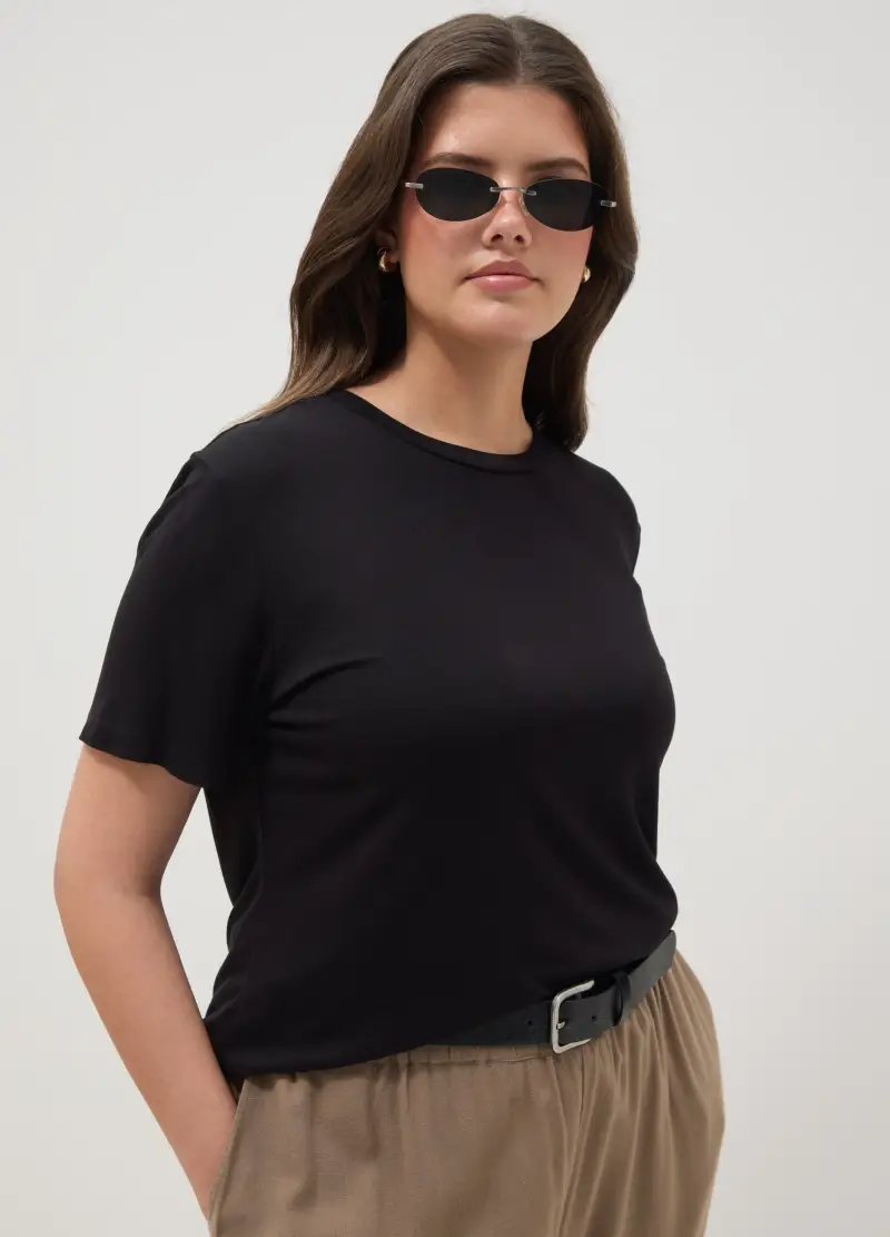 T-shirt In Viscosa Elasticizzata Nera Regular Fit Con Chiusura A Corda, Donna, Nero
