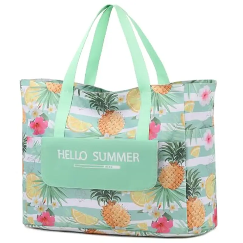 Myhozee Borsa Mare Grande xxl Famiglia,Borsa da Spiaggia Donna? con chiusura lampo, borsa estiva da spiaggia, impermeabile, per piscina,gite in spiaggia picnic viaggi Foglia verde (Ananas)