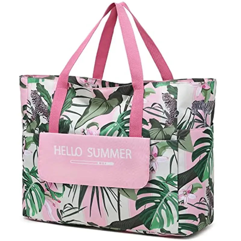 Myhozee Borsa Mare Grande xxl Famiglia,Borsa da Spiaggia Donna? con chiusura lampo, borsa estiva da spiaggia, impermeabile, per piscina,gite in spiaggia picnic viaggi Foglia verde (Foglia Rosa)