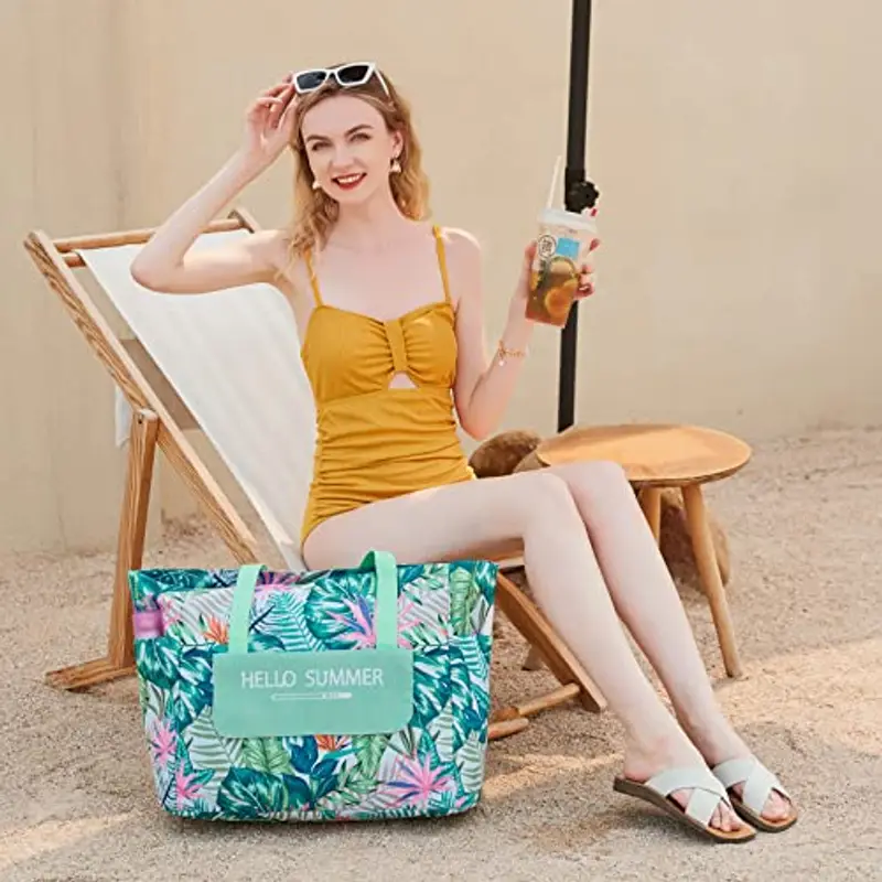 Myhozee Borsa Mare Grande xxl Famiglia, Borsa da Spiaggia Donna? con chiusura lampo, borsa estiva da spiaggia, impermeabile, per piscina, gite in spiaggia picnic viaggi Foglia verde (Foglia Rosa) miniatura 2