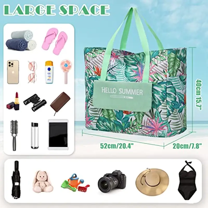 Myhozee Borsa Mare Grande xxl Famiglia, Borsa da Spiaggia Donna? con chiusura lampo, borsa estiva da spiaggia, impermeabile, per piscina, gite in spiaggia picnic viaggi Foglia verde (Foglia Rosa) miniatura 3