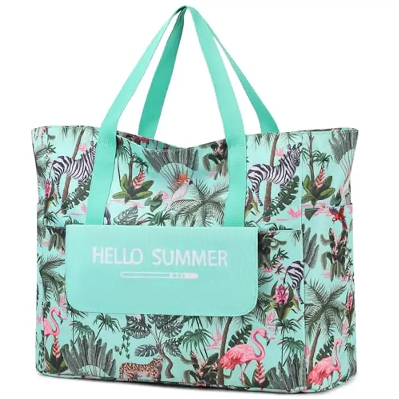 Myhozee Borsa Mare Grande xxl Famiglia,Borsa da Spiaggia Donna? con chiusura lampo, borsa estiva da spiaggia, impermeabile, per piscina,gite in spiaggia picnic viaggi Foglia verde (Giungla)