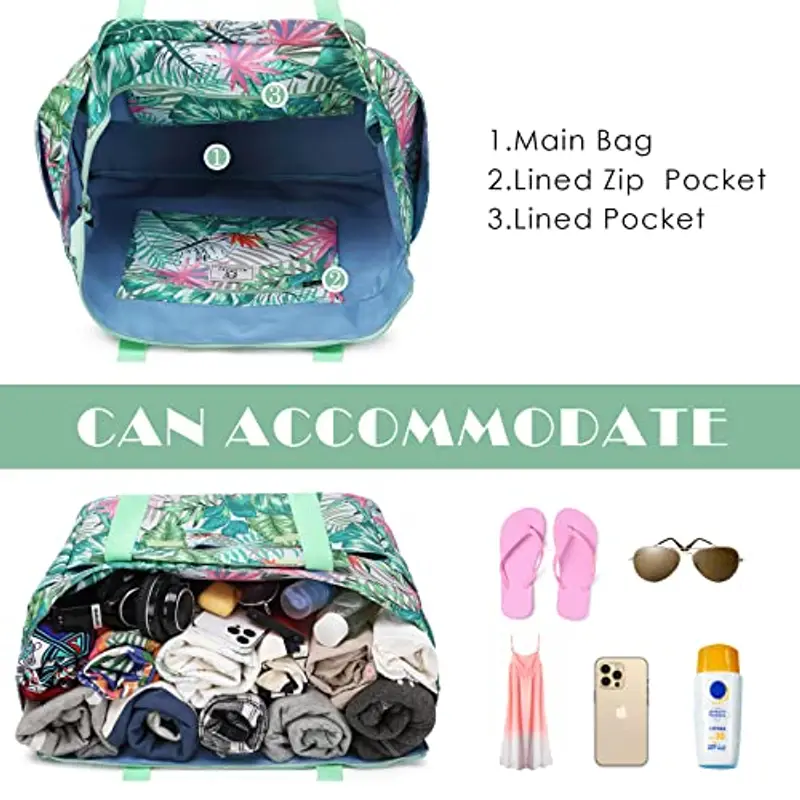 Myhozee Borsa Mare Grande xxl Famiglia, Borsa da Spiaggia Donna? con chiusura lampo, borsa estiva da spiaggia, impermeabile, per piscina, gite in spiaggia picnic viaggi Foglia verde (Giungla) miniatura 3