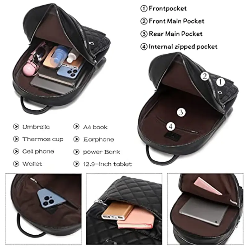 Myhozee Zaino Donna, Borsa Zaino Donna Pelle PU Zainetto impermeabile Casual Nero Zaini Casual Daypack Backpack per miniatura 3