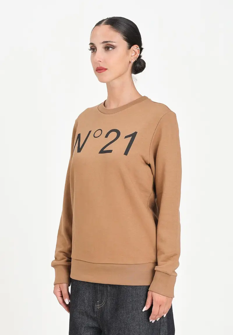 N21 Felpa girocollo cammello per donna, ragazzi e bambini con logo a contrasto