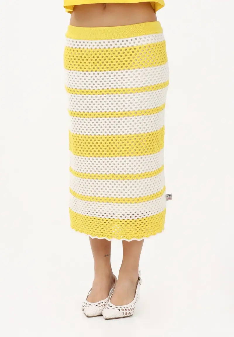 Gonna midi bianca e gialla per donna, ragazze e bambine con motivo a righe