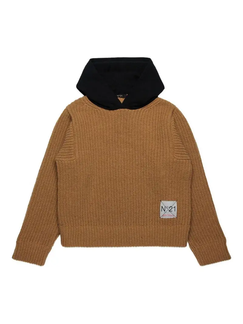 N21 Kids Maglione Bambino Marrone Cammello con Cappuccio
