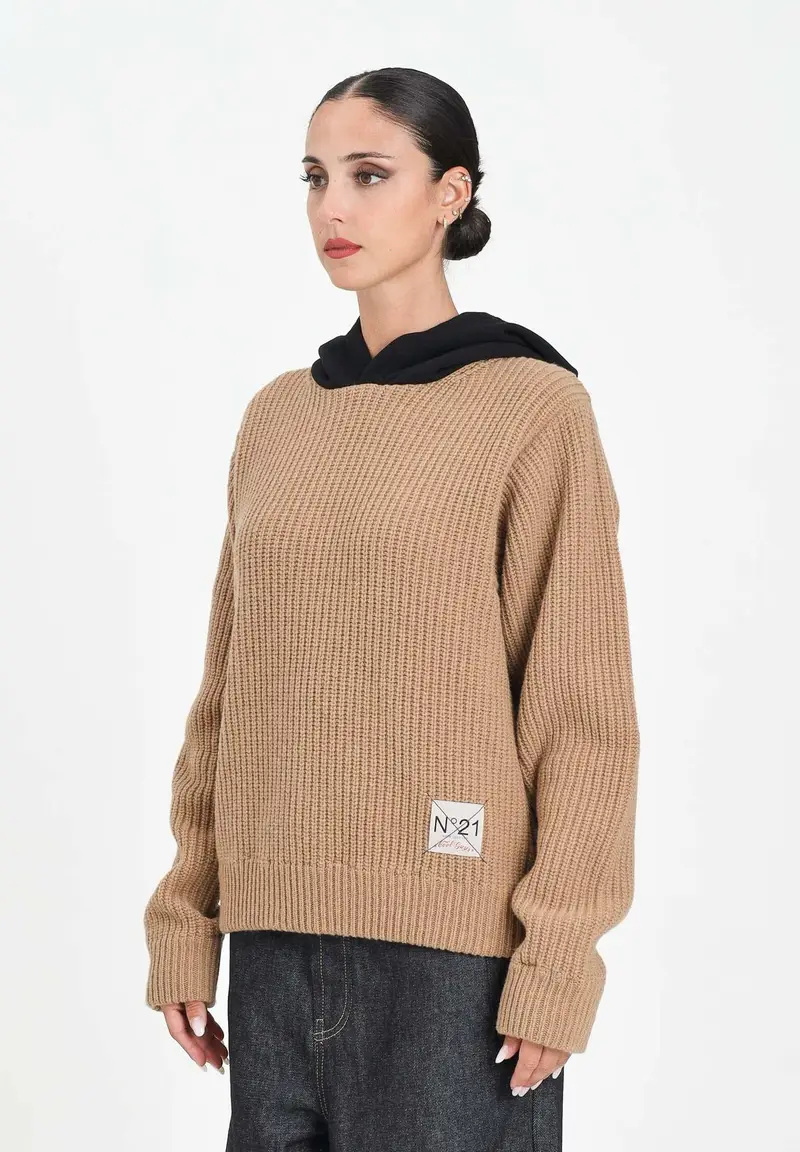 N21 Maglione con cappuccio color cammello e nero per donna, ragazzi e bambini