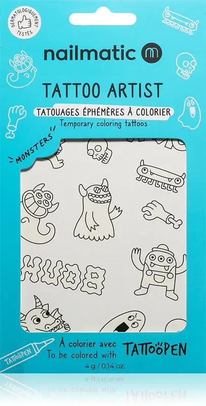Tattoo Artist Temporary Coloring Tattoos tatuaggio per bambini 3 anni+ Monsters 9x16,3 cm