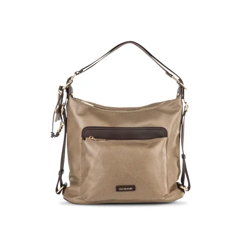Borsa beige da donna con tracolla regolabile e ciondolo orsetto