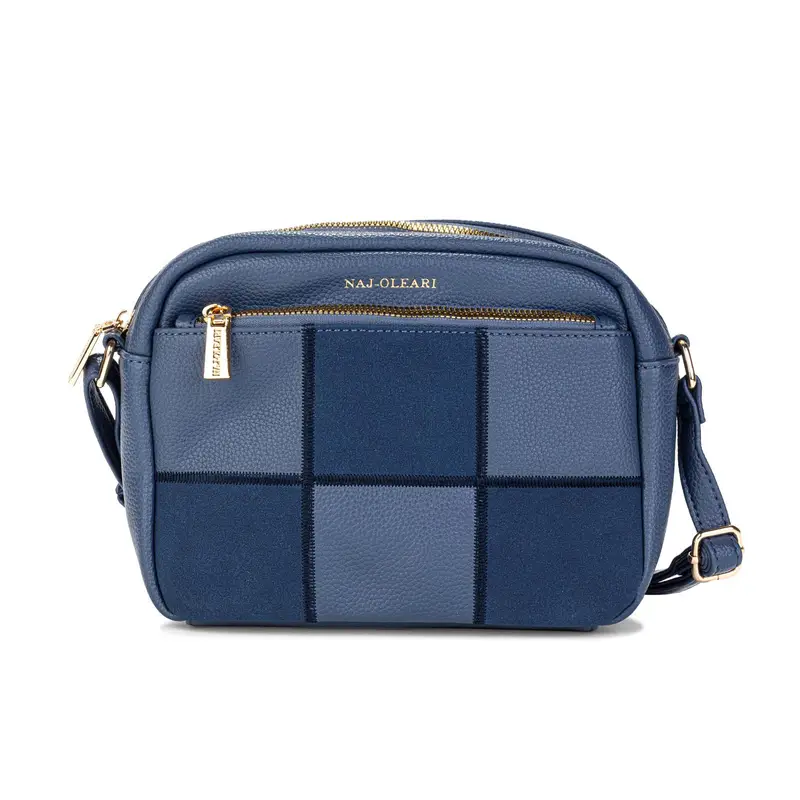 Borsa blu a scacchi con tracolla regolabile