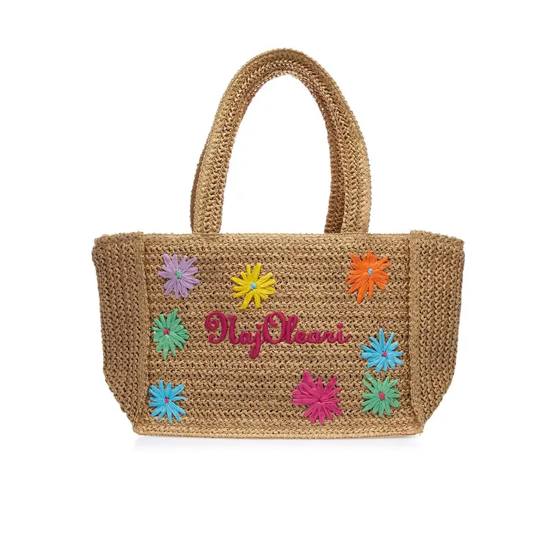 Borsa marrone piccola da mare effetto intrecciato con ricami