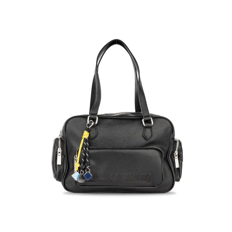 Borsa nera a mano da donna con ciondoli colorati e tasche laterali