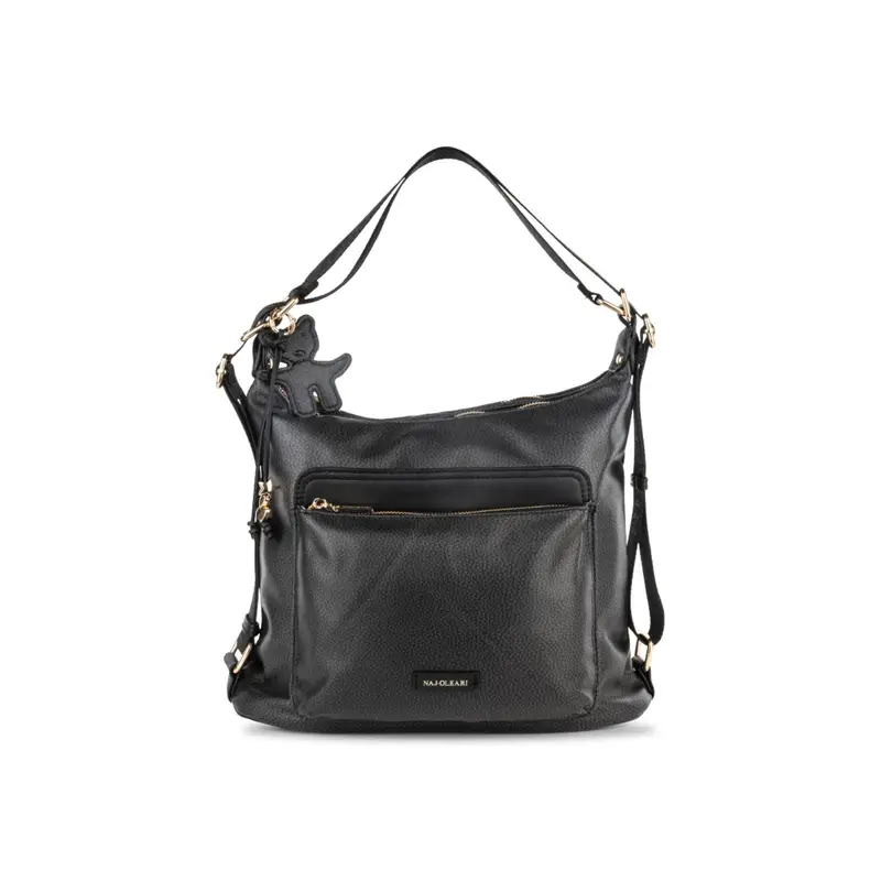 Borsa nera da donna con tracolla regolabile e ciondolo orsetto