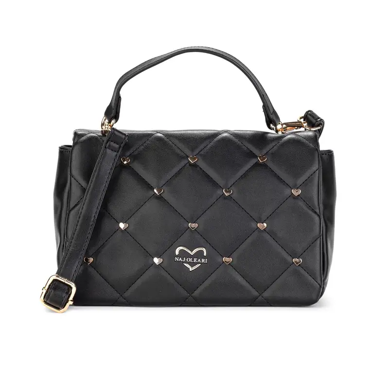 Borsa nera trapuntata con manico e tracolla e cuoricini