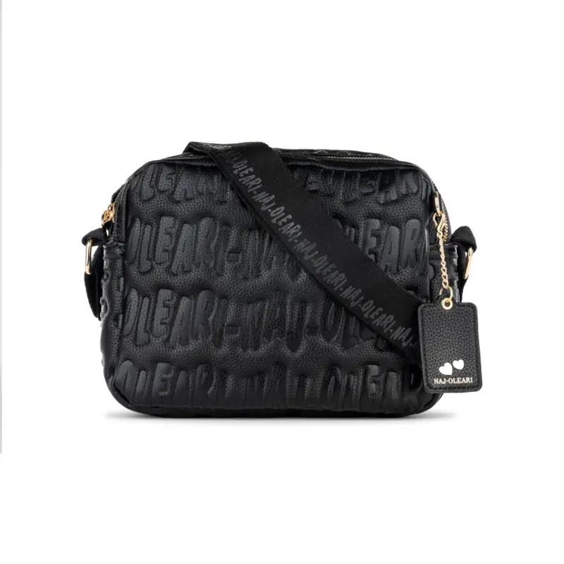 Borsa tracolla nera da donna con stampa multilogo e ciondolo