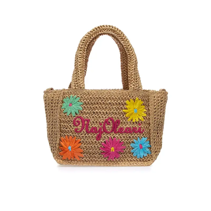 Borsetta piccola marrone da mare effetto intrecciato con ricami