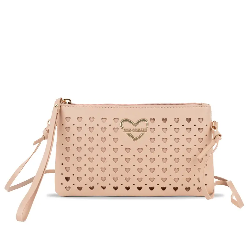 Borsetta rosa da donna con tracolla e dettaglio cuori traforati