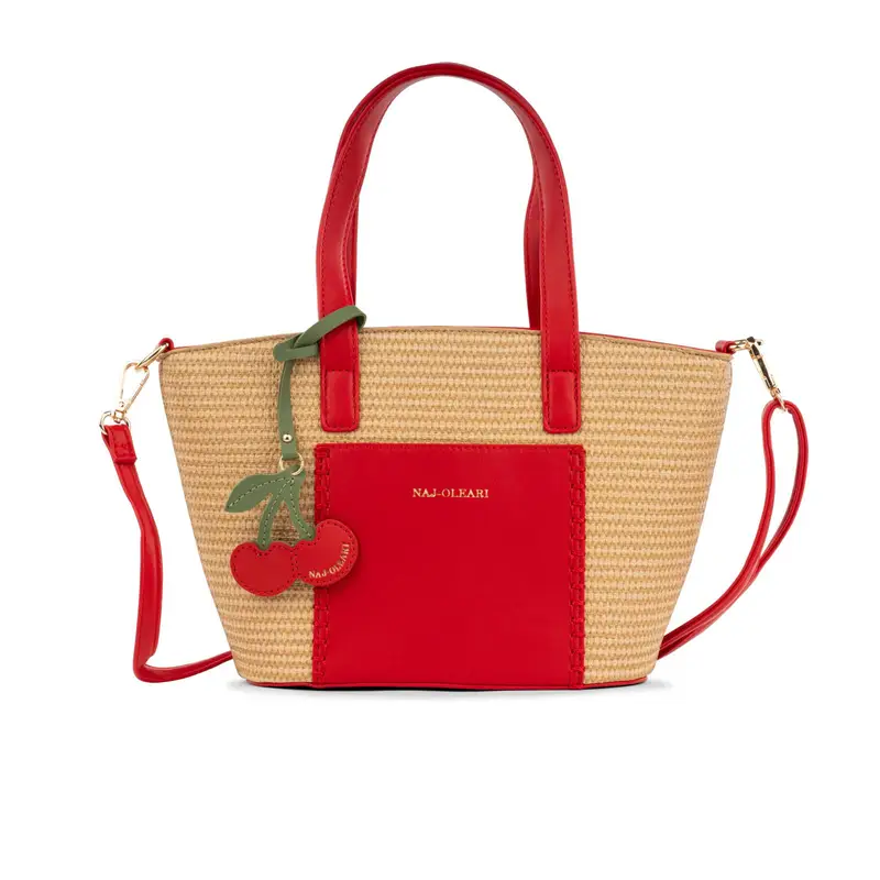 Borsetta rossa da donna effetto paglia con ciondolo a ciliegia