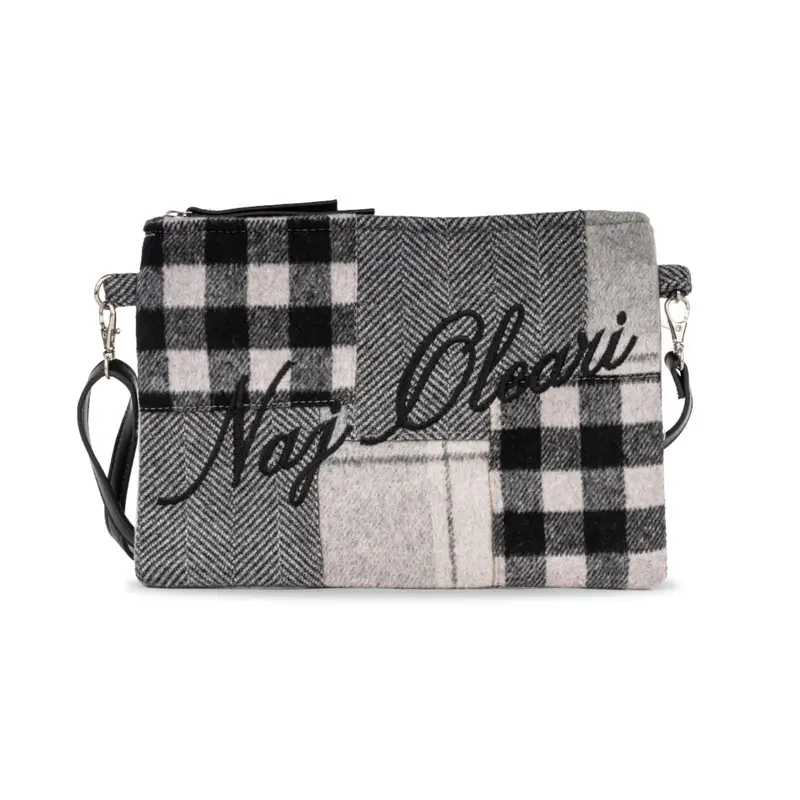 Bustina grigia da donna in tessuto stile patchwork con ricamo logo